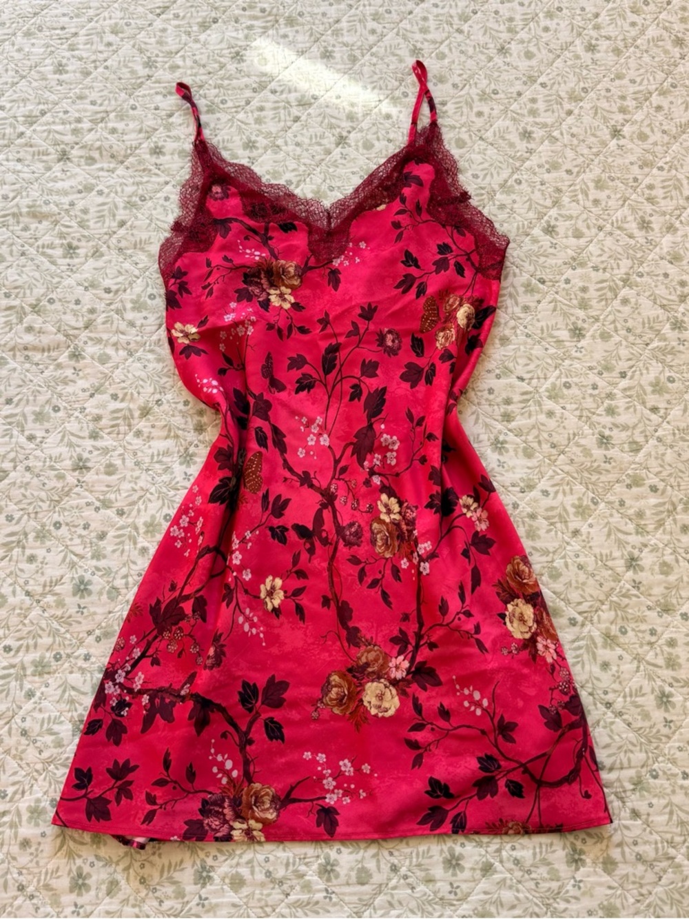Victoria's Secret pink floral slip dress with lace trim and adjustable straps